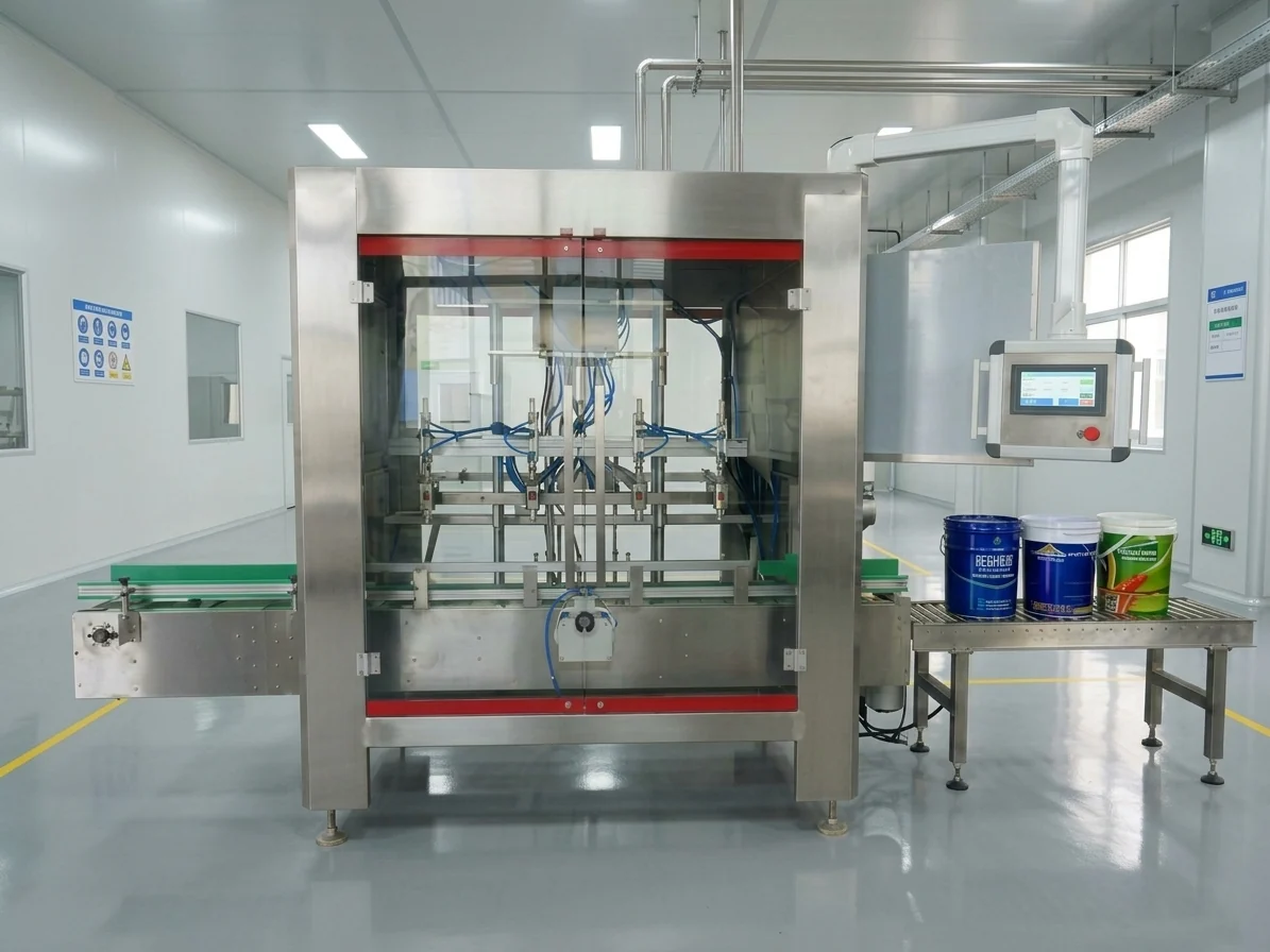 4-head weighing filling machine, front view, in workshop