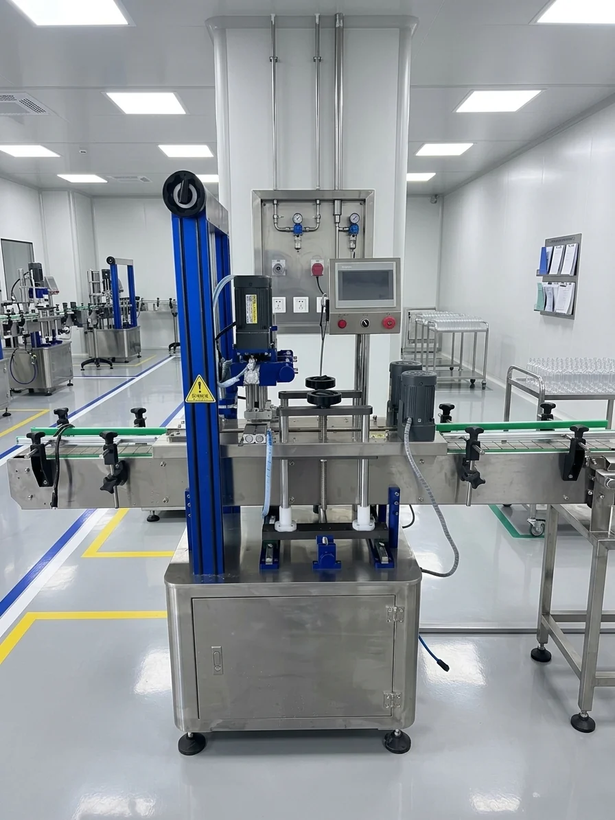 Four-wheel automatic capping machine on a conveyor line