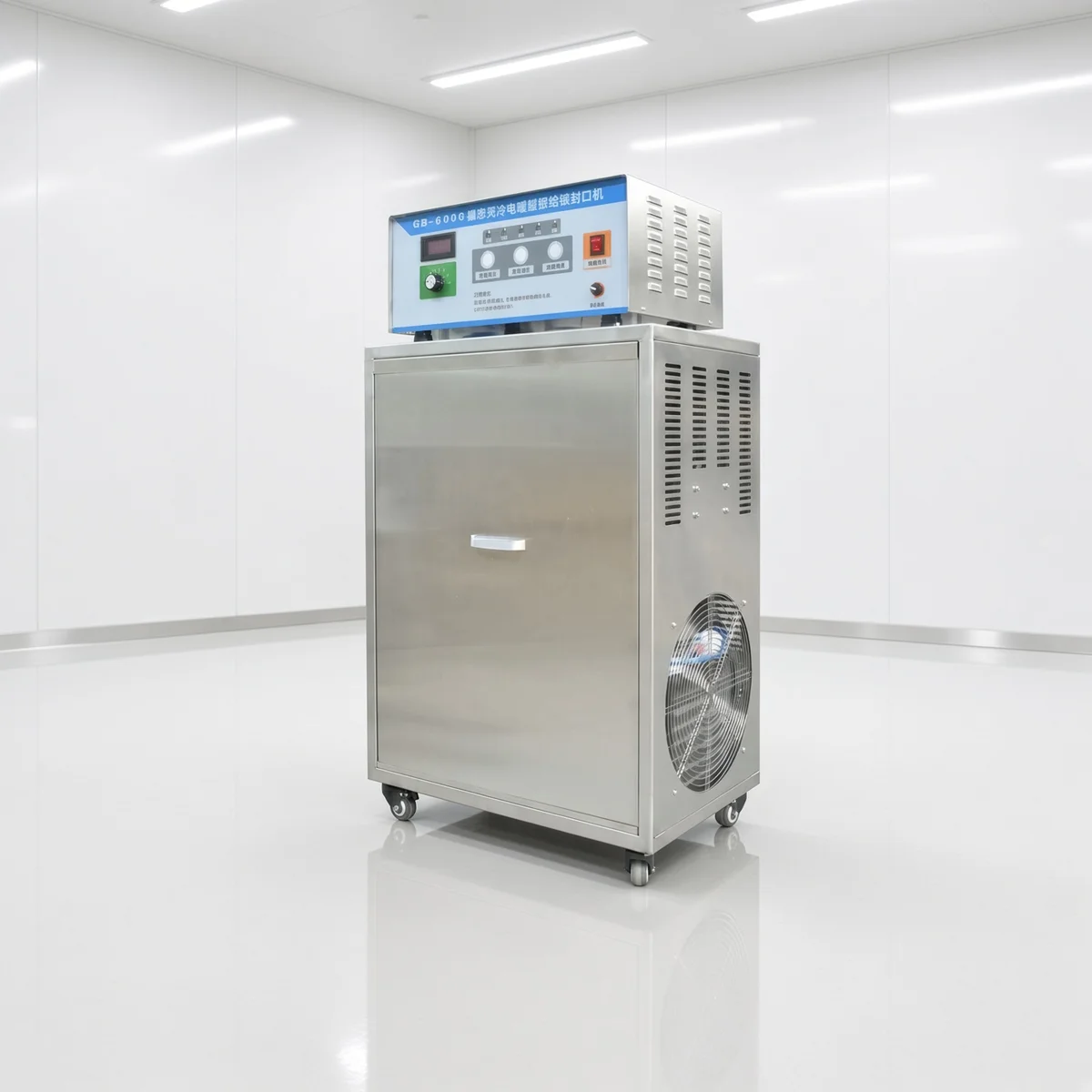 Water-cooled induction foil sealer in workshop, front view