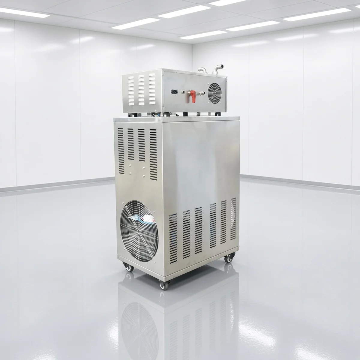 Water-cooled induction foil sealer in workshop, side view