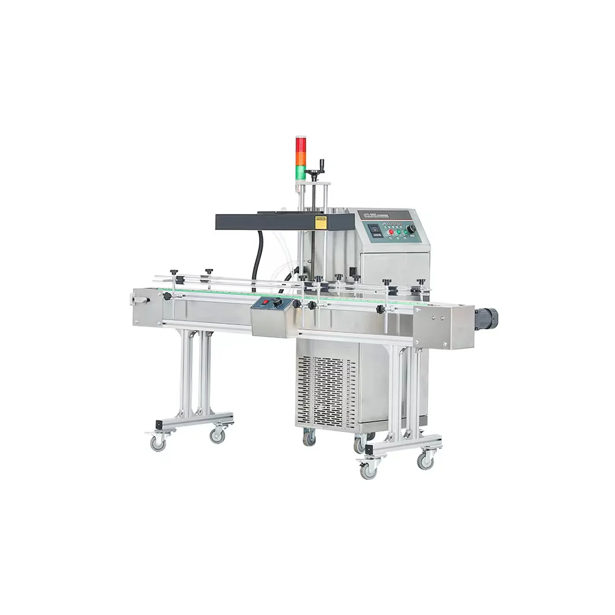 Water-cooled induction sealing machine, angled view with conveyor