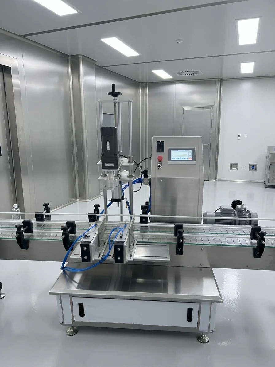 Single-head automatic capping machine on a conveyor line